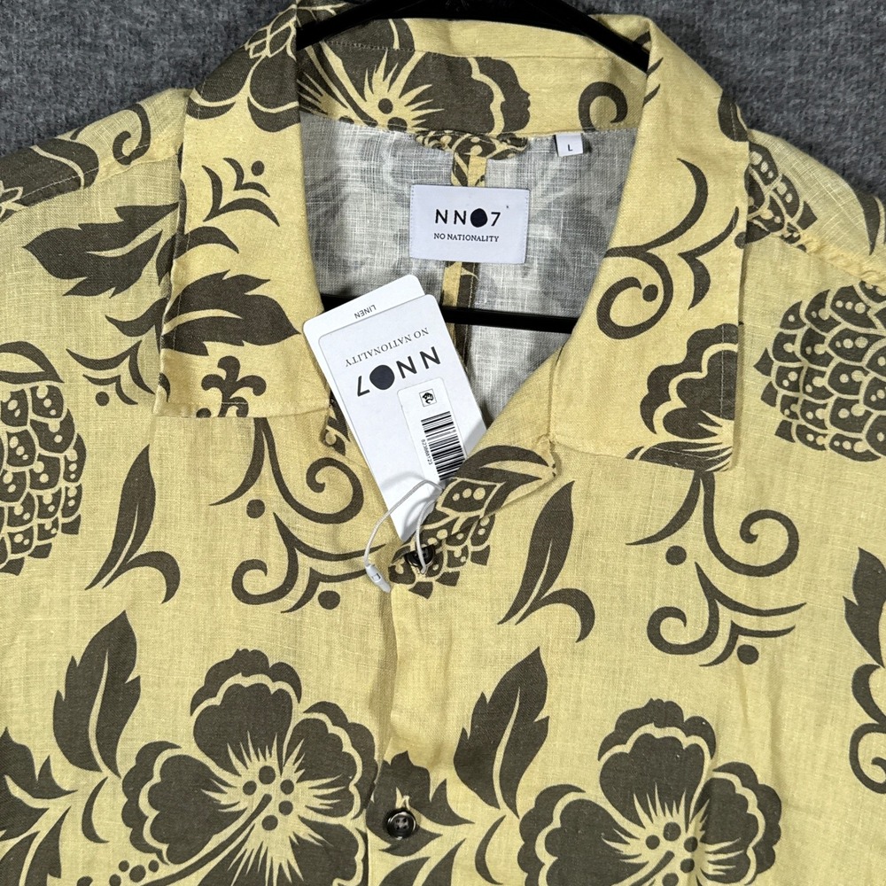 NEW NN07 No Nationality Shirt Mens Large Pale Olive Linen Floral Short Sleeve